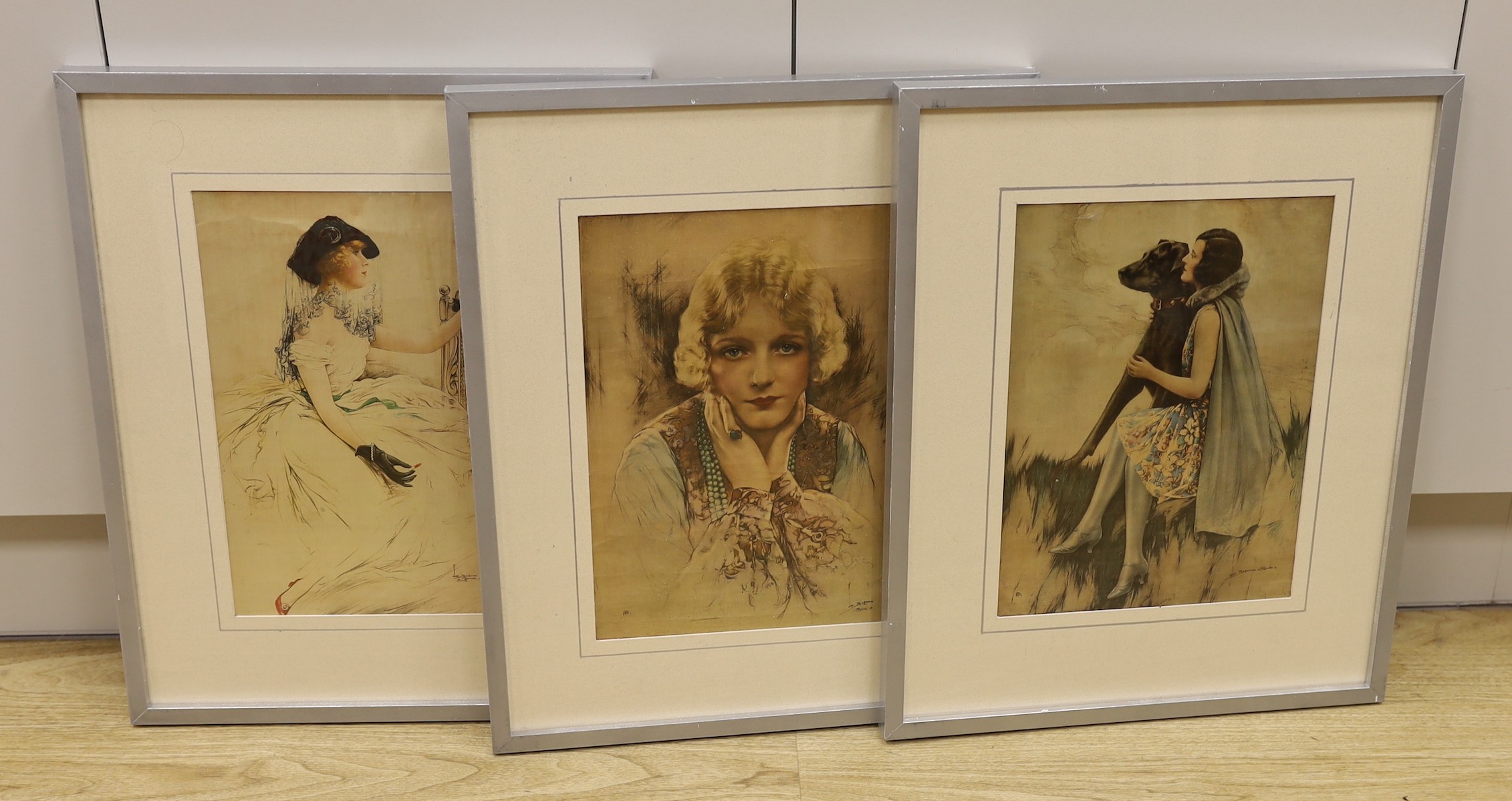 Three colour prints on silk by James Bacon, c.1920's, Portraits of stylish ladies, 34 x 24cm